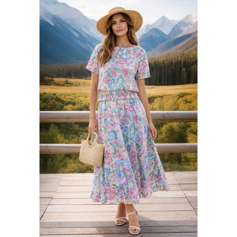 Cricket Lane 2 Piece Set Womens 12 Floral Skirt Top Vintage Cottagecore Pastel - Picture 1 of 16